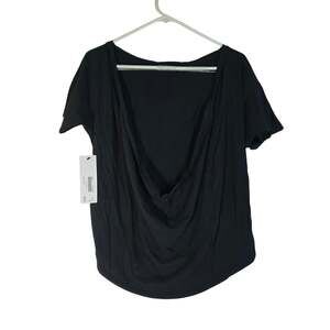 OAK Black Cowl Neck Top Short Sleeve Draped Front Womens Size S